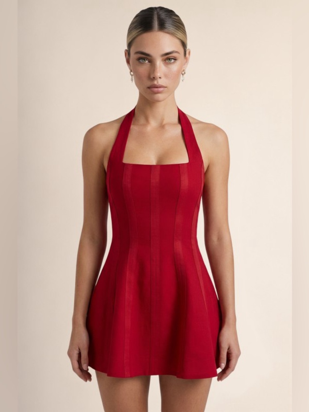 Red Halter Neck Mini linen Dress